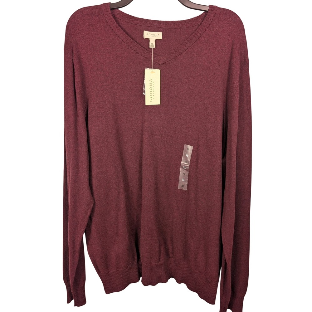 Sonoma Mens XL‎ V Neck Sweater Burgundy Long Sleeve Knit Top NWT
